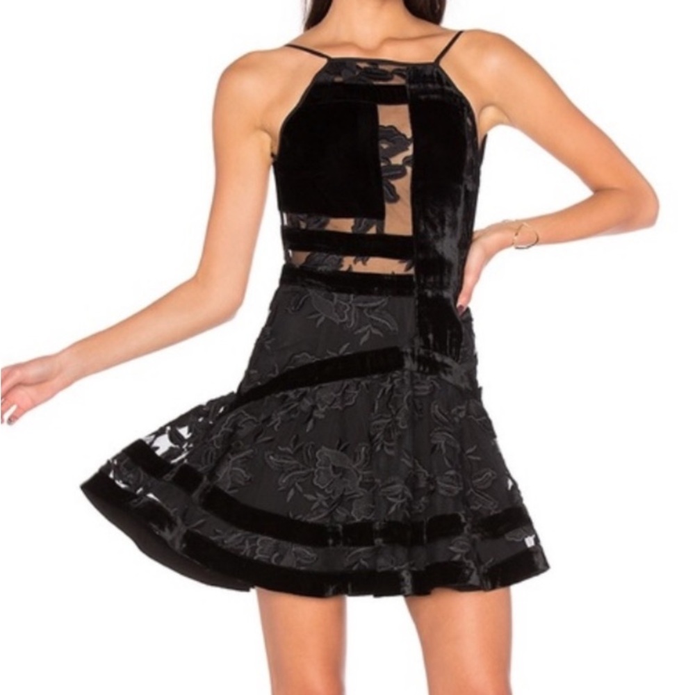 NBD Eva Black Velvet Mini Dress NWT Floral Burnout Halter  Fit To Flare Size S